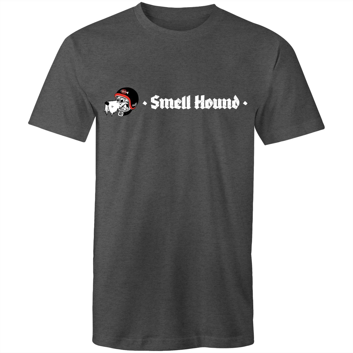 Black t-shirt with a graphic print of Smell Hound logo.