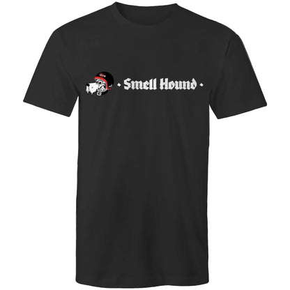 Black t-shirt with a graphic print of Smell Hound logo.