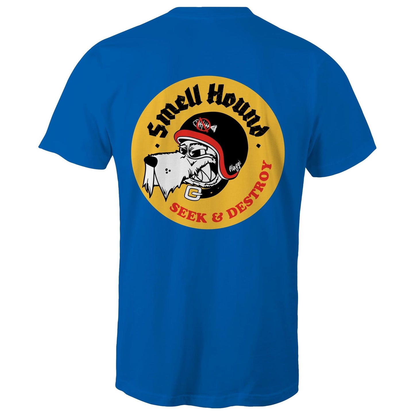 Blue t-shirt with a graphic print of a dog's head wearing a helmet, and the text 'SMELL HOUND SEEK & DESTROY' below it.