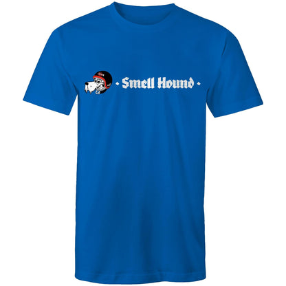 Blue t-shirt with a graphic print of Smell Hound logo.