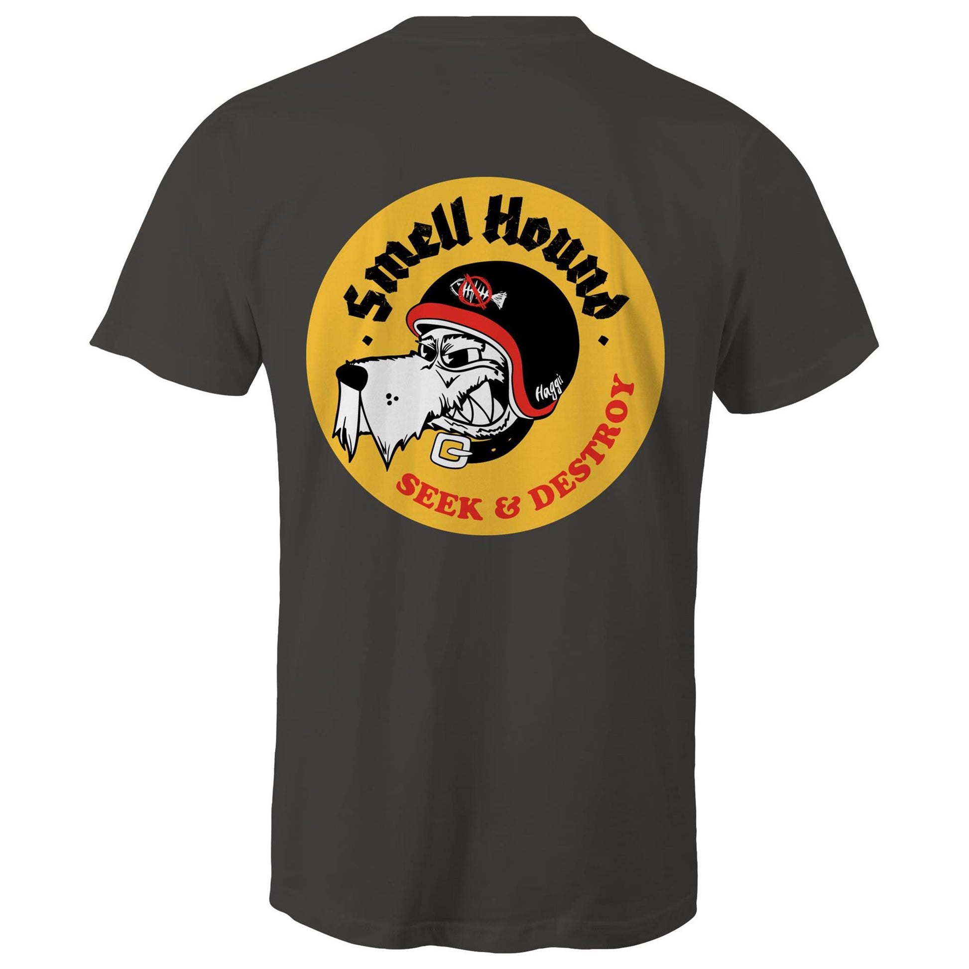 Grey t-shirt with a graphic print of a dog's head wearing a helmet, and the text 'SMELL HOUND SEEK & DESTROY' below it.