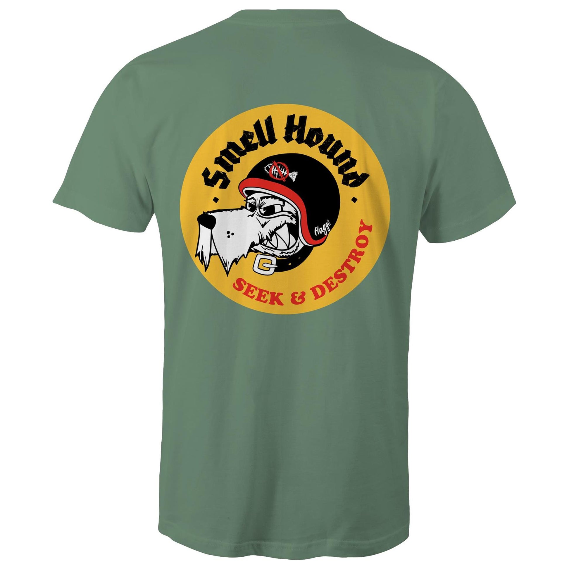 Khaki t-shirt with a graphic print of a dog's head wearing a helmet, and the text 'SMELL HOUND SEEK & DESTROY' below it.