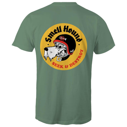 Khaki t-shirt with a graphic print of a dog's head wearing a helmet, and the text 'SMELL HOUND SEEK & DESTROY' below it.