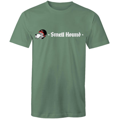 Khaki t-shirt with a graphic print of Smell Hound logo.