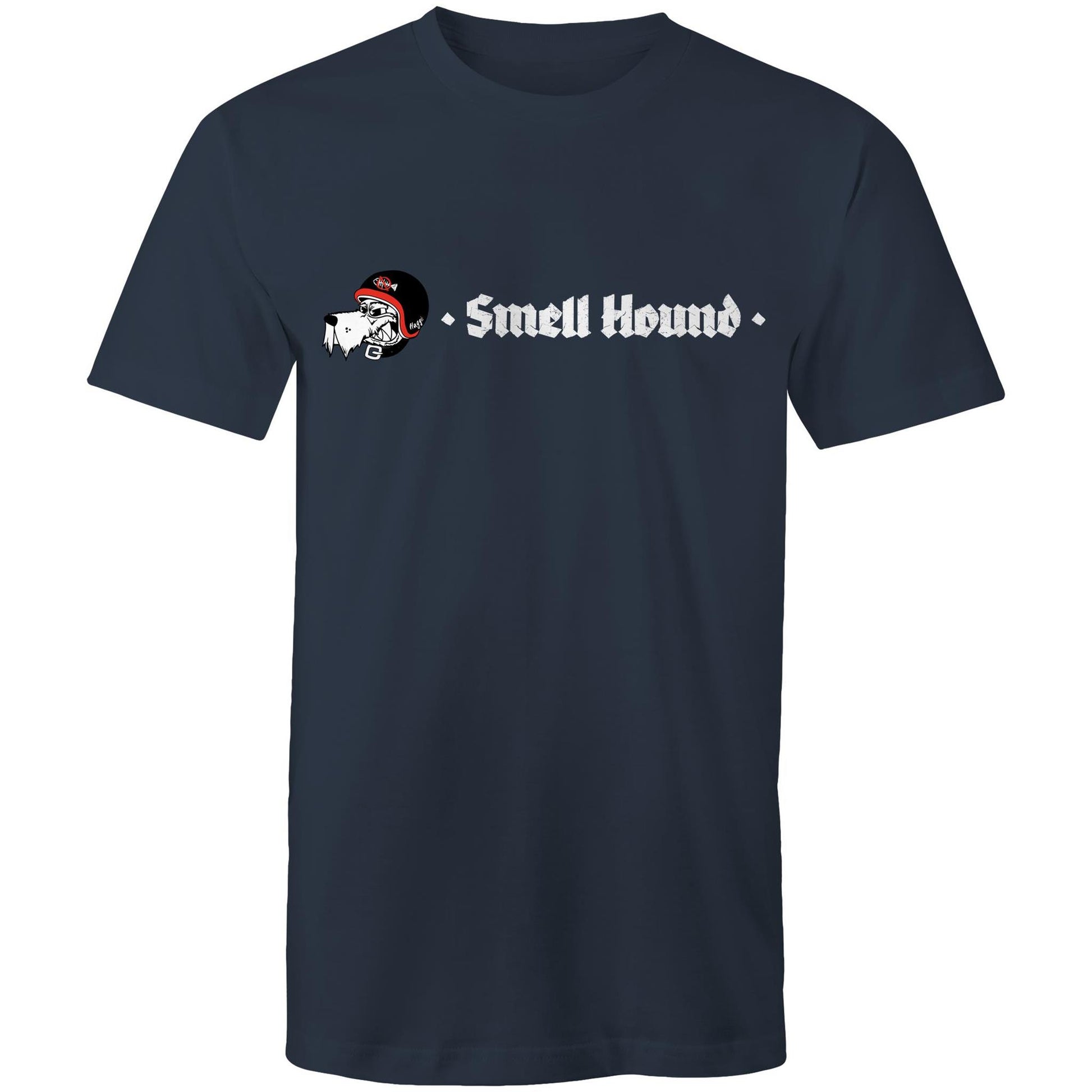 Navy t-shirt with a graphic print of Smell Hound logo.