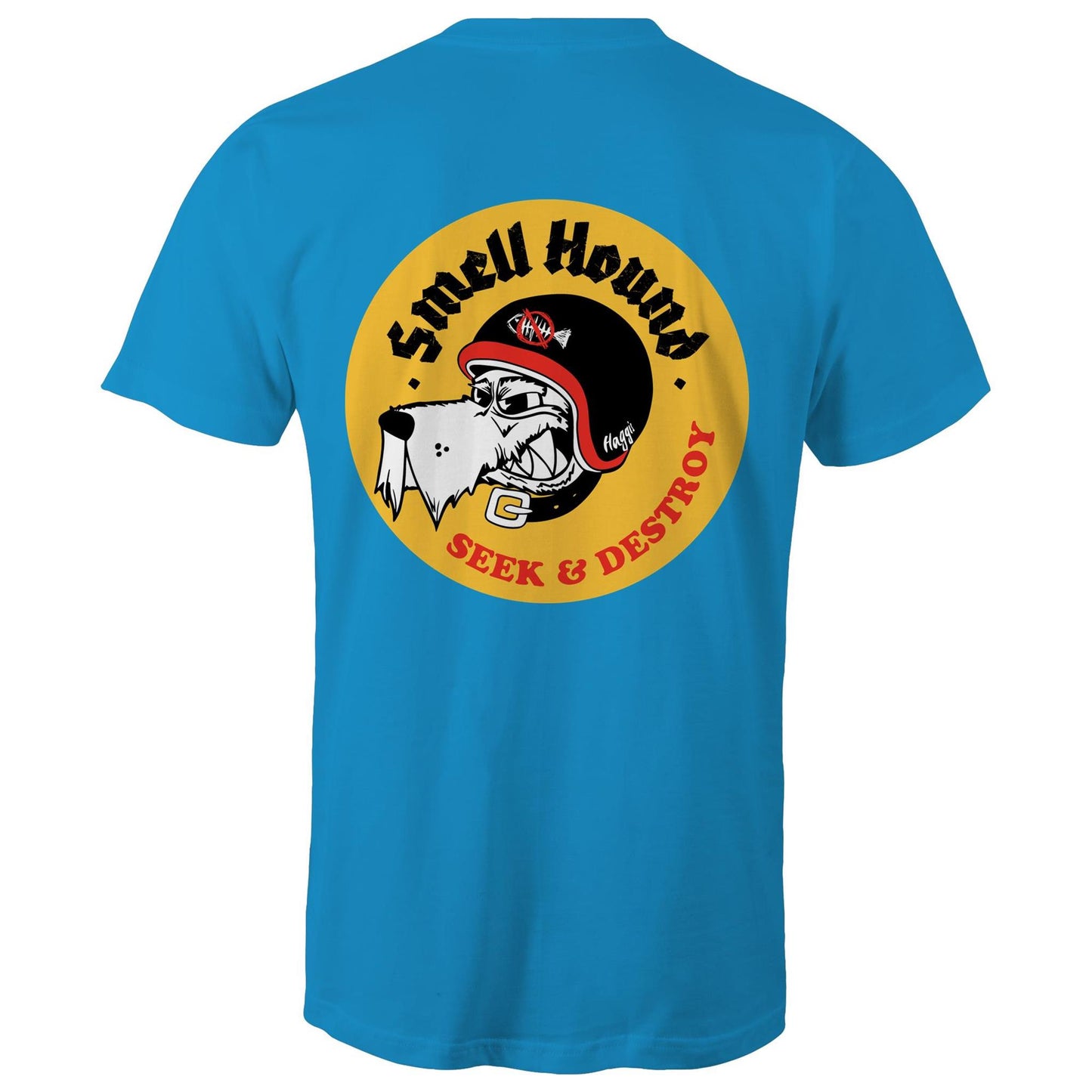 Blue t-shirt with a graphic print of a dog's head wearing a helmet, and the text 'SMELL HOUND SEEK & DESTROY' below it.