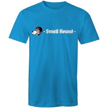 Ocean blue t-shirt with a graphic print of Smell Hound logo.
