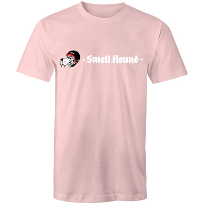 Pink t-shirt with a graphic print of Smell Hound logo.