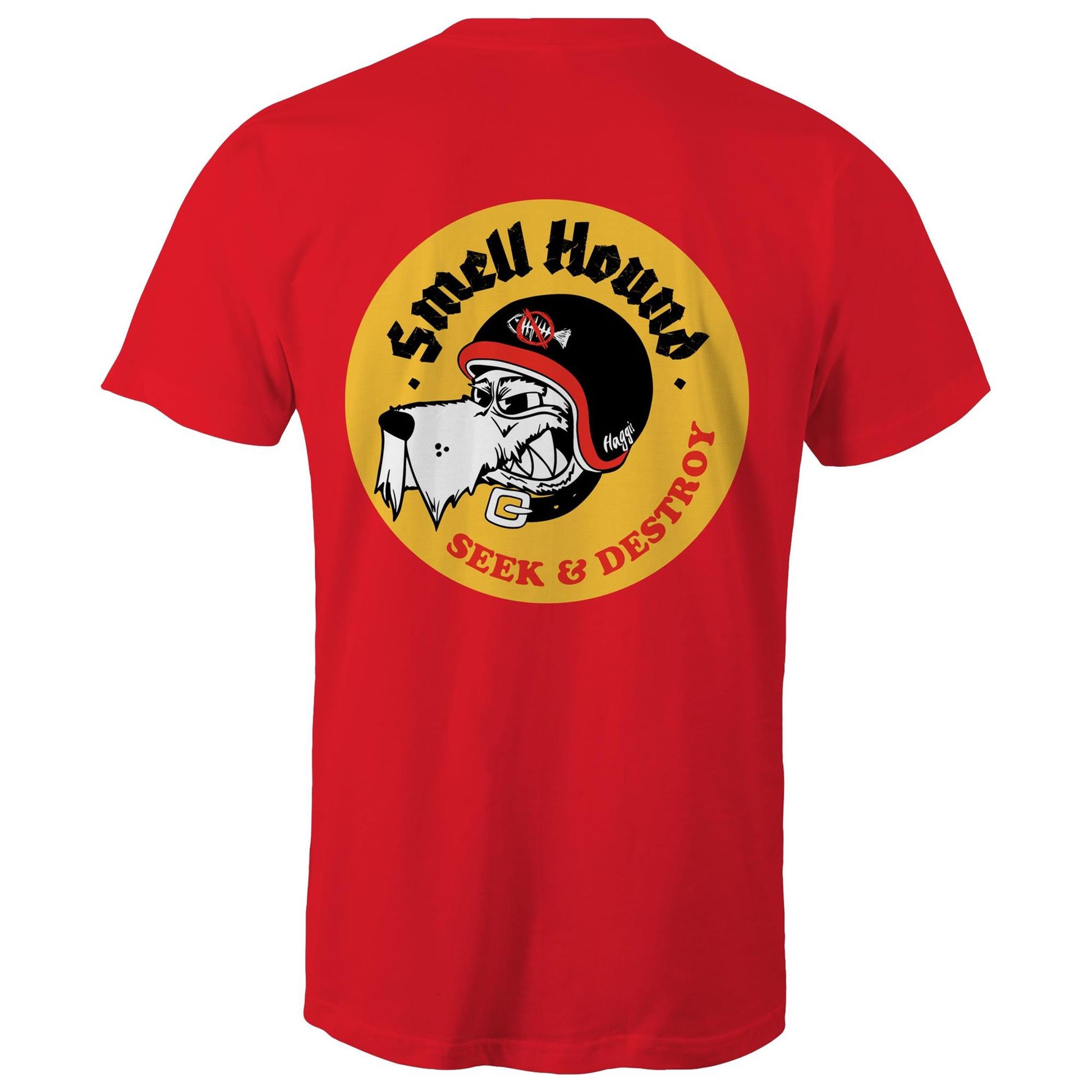 Red t-shirt with a graphic print of a dog's head wearing a helmet, and the text 'SMELL HOUND SEEK & DESTROY' below it.
