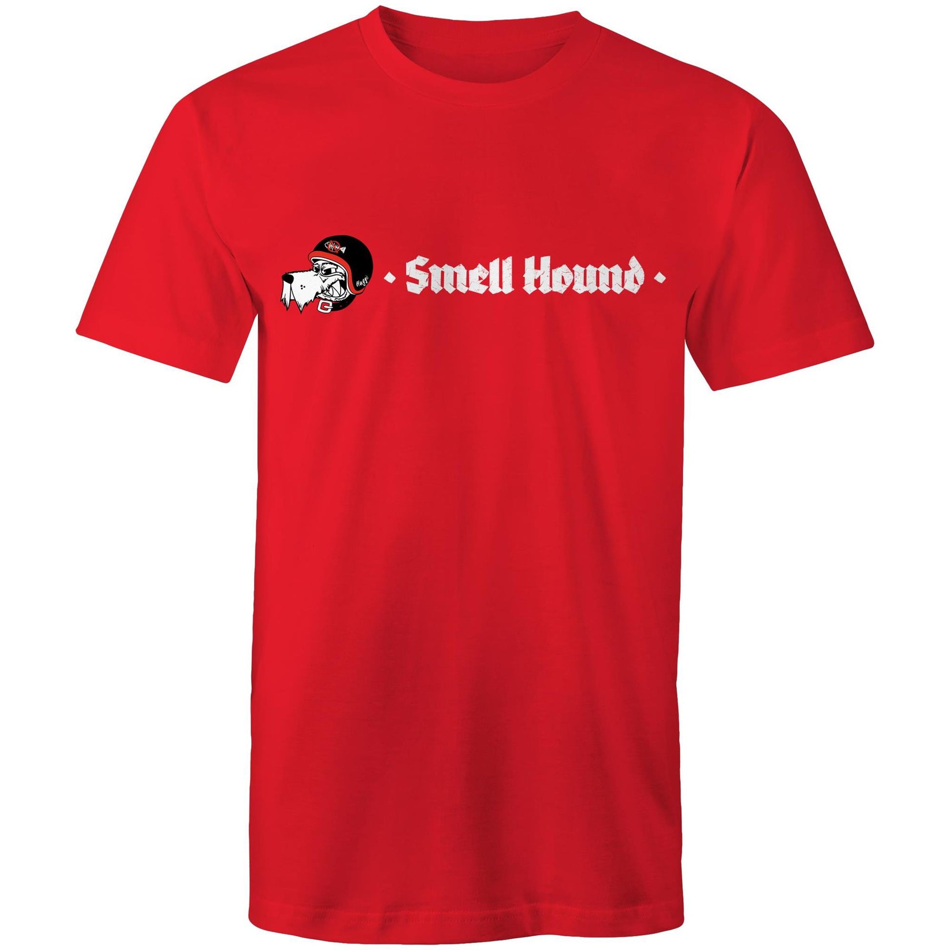 Red t-shirt with a graphic print of Smell Hound logo.